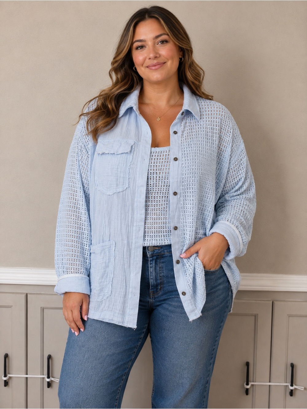 Andree by Unit Light Blue Textured Button-Up Jacket
